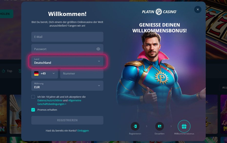 Wählen Sie im Registrierungsformular Deutsch für Ihr Platinum Casino-Konto aus.