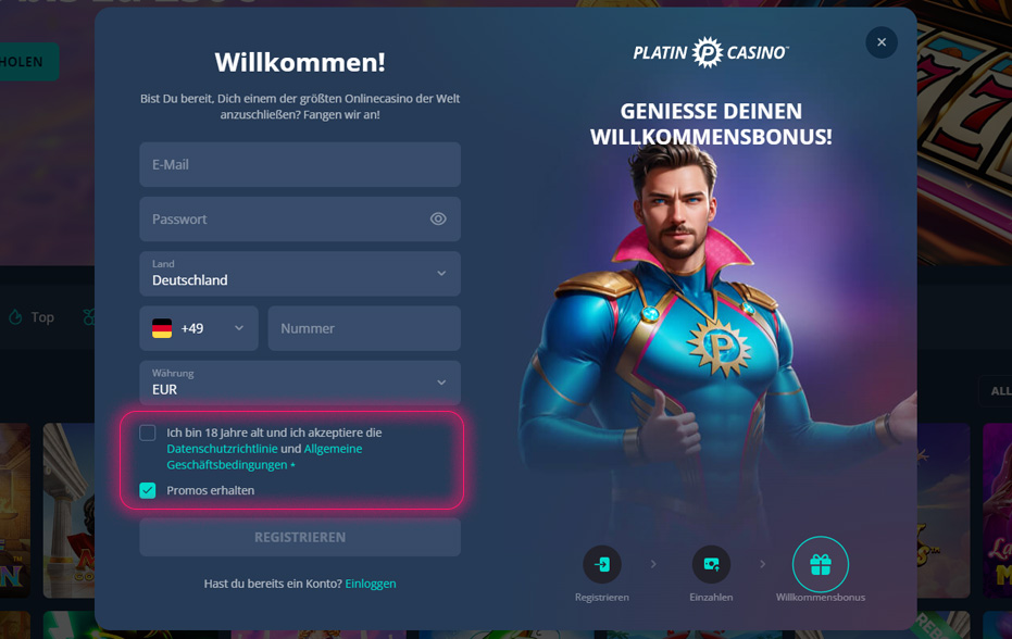 Wählen Sie im Platinum Casino-Registrierungsformular aus, dass Sie bereits 18 Jahre alt sind.